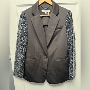 DKNY Black Satin Blazer with Silver Sequin Sleeves Celebration Holidays Party